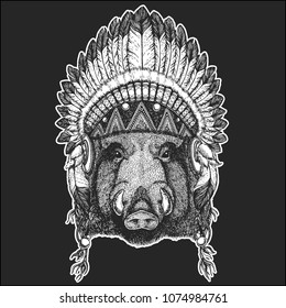 Aper, boar, hog, wild boar Cool animal wearing native american indian headdress with feathers Boho chic style Hand drawn image for tattoo, emblem, badge, logo, patch