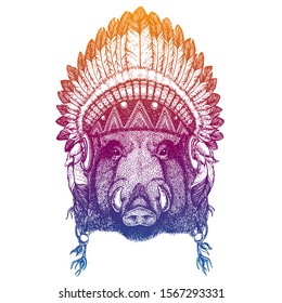 Aper, boar, hog, wild boar. Portrait of vector animal wearing traditional indian headdress with feathers. Tribal style illustration for little children clothes. Image for kids tee fashion, posters.