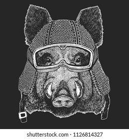 Aper, boar, hog, wild boar. Vintage motorcycle hemlet. Retro style illustration with animal biker for children, kids clothing, t-shirts. Fashion print with cool character. Speed and freedom.