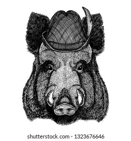 Aper, boar, hog, wild boar wearing traditional bavarian tirol hat. Oktoberfest.