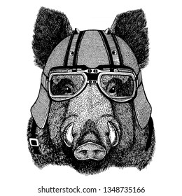 Aper, boar, hog, wild boar wearing a motorcycle, aero helmet. Hand drawn image for tattoo, t-shirt, emblem, badge, logo, patch.