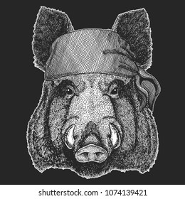 Aper, boar, wild hog Cool pirate, seaman, seawolf, sailor, biker animal for tattoo, t-shirt, emblem, badge, logo, patch. Image with motorcycle bandana