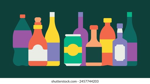 Aperitif drinks scene. Bar flat vector illustration. Composition of a set of colored bottles.