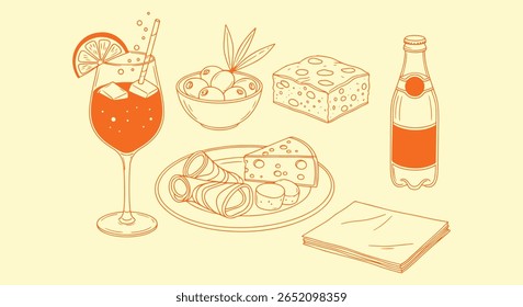 Aperitivo lanche conjunto de ilustração. Coquetel Spritz, tigela de azeitonas, cunha de queijo, prato de salame, garrafa de refrigerante e guardanapos em linha laranja quente. Gráfico de happy hour italiano	
