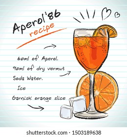 Aperol 86 cocktail, vector sketch hand drawn illustration, fresh summer alcoholic drink with recipe and fruits	
