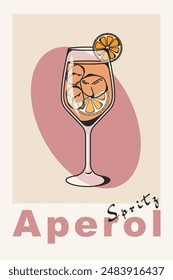 Aperol classic Cocktail retro poster. A popular drink. Spritz. Vintage flat vector illustration for bar, restaurant, kitchen, wall print.