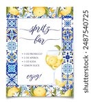 Aperol cocktail with ice and slice of lemon for cocktail bar or summer party. Alcohol cocktail with beach bar and cafe menu. Mediterranean themed Amalfi coast party decoration. Vector illustration