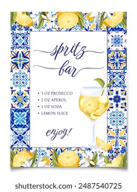 Aperol cocktail with ice and slice of lemon for cocktail bar or summer party. Alcohol cocktail with beach bar and cafe menu. Mediterranean themed Amalfi coast party decoration. Vector illustration