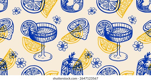 Aperol cocktail with ice and slice of lemon for cocktail bar or summer party. Alcohol cocktail with beach bar and cafe menu. Mediterranean themed Amalfi coast party decoration. Vector illustration