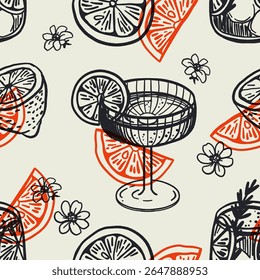 Aperol cocktail with ice and slice of lemon for cocktail bar or summer party. Alcohol cocktail with beach bar and cafe menu. Mediterranean themed Amalfi coast party decoration. Vector illustration