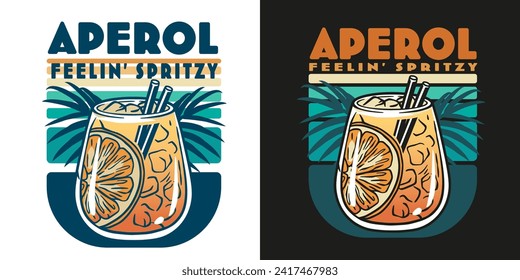 Aperol cocktail vector with ice and slice of orange for cocktail bar or drink summer party. Aperol spritz or alcohol cocktail with gin for tee print of beach bar and cafe menu.