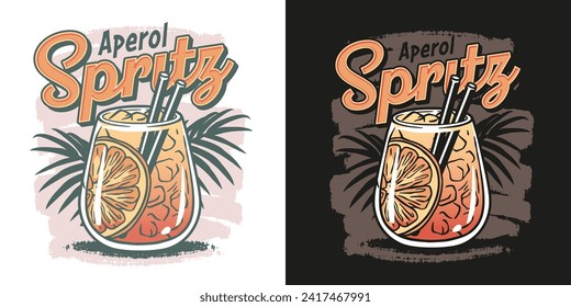 Aperol cocktail vector with ice and slice of orange for cocktail bar or drink summer party. Aperol spritz or alcohol cocktail with gin for tee print of beach bar and cafe menu.