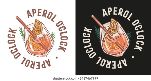 Aperol cocktail vector with ice and slice of orange for cocktail bar or drink summer party. Aperol spritz or alcohol cocktail with gin for tee print of beach bar and cafe menu.