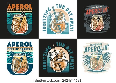 Vector de cóctel Aperol con hielo y rodaja de naranja para bar de cócteles o fiesta de verano de bebidas. Aperol spritz o colección de cóctel de alcohol con ginebra para la impresión de la camiseta del menú del bar de la playa y de la cafetería.