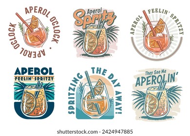 Vector de cóctel Aperol con hielo y rodaja de naranja para bar de cócteles o fiesta de verano de bebidas. Aperol spritz o colección de cóctel de alcohol con ginebra para la impresión de la camiseta del menú del bar de la playa y de la cafetería.