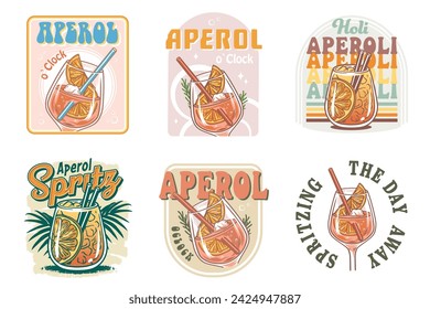 Vector de cóctel Aperol con hielo y rodaja de naranja para bar de cócteles o fiesta de verano de bebidas. Aperol spritz o colección de cóctel de alcohol con ginebra para la impresión de la camiseta del menú del bar de la playa y de la cafetería.