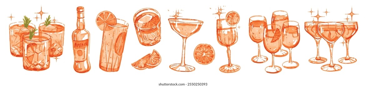 Aperol drink orange vector illustration, hand drawn watercolor tropical alcoholic cocktail set. Holiday summer refreshment beach bar citrus lemonade glass, bottle menu design. Aperol drink clipart