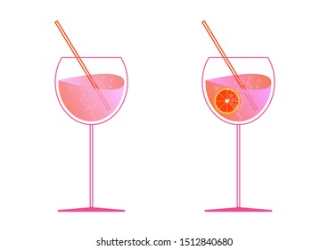 Aperol and prosecco in two glasses. Spritz cocktail in flat style for the menu, cocktail cards. Modern trendy classic cocktail Longdrink. White background