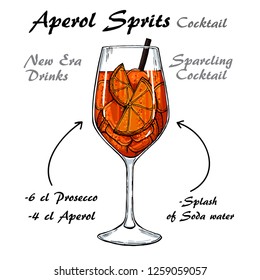 Aperol Sprits Cocktail Vector Illustration Recipes. Bartender Guide. Hand Drawn Illustration