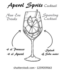 Aperol Sprits Cocktail vector illustration recipes. Bartender guide. Hand drawn illustration