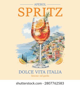 Aperol spritz artwork for for t-shirt.fresh lemon. Summer print. Sweet lemon artwork. Summer Cocktail Drink Vector Illustration. Italy city street artwork for apparel, sticker, background, poster and others. Tropical Europian Amalfi coast italy 