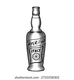 Botella Aperol Spritz, Ilustración vectorial dibujada a mano en estilo de arte de línea. Imagen de croquis en blanco y negro del aperitivo tradicional italiano. Grabado retro de la bebida alcohólica naranja.