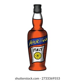 Aperol Spritz Flasche: Vektorfarbengrafik, handgezeichnet im Linien-Kunststil. Farbige Skizze eines traditionellen italienischen Aperitifs. Retro-Gravur, die das alkoholische Orangengetränk darstellt.