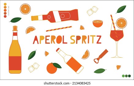 Aperol Spritz Cocktail colored vector illustration set. Orange color pallette. Vector drawing collection. Simple and minimal design. Icon set. Stylized elements. Cocktail set collection. 