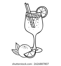 Aperol Spritz Cocktail composition. Hand drawn Vector illustration of alcohol drink with orange fruit and slice and ice in Doodle style. For cocktail bar menu, logo or drink summer party Invitations.