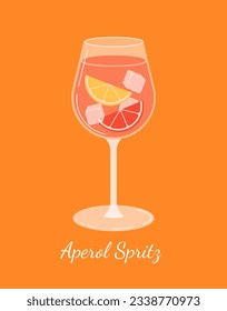 Aperol Spritz Cocktail Konzept. Geschmackvolle Flüssigkeit und Getränke für den Sommer. Kaltalkohol mit Orange- und Grapefruitscheibe. Cartoon-FlachVektorgrafik einzeln auf orangefarbenem Hintergrund