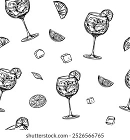 Aperol Spritz cocktail, glass alcoholic drink, sketch, seamless pattern, hand drawn illustration vector