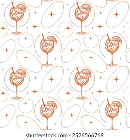 Aperol Spritz coquetel, bebida alcoólica de vidro, esboço, padrão sem costura, desenhado à mão ilustração vetor