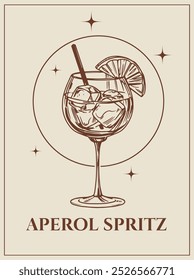 Aperol Spritz coquetel, vidro com bebida alcoólica, esboço, desenhado à mão ilustração vetor