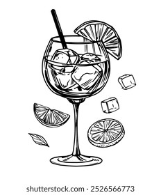 Aperol Spritz coquetel, vidro com bebida alcoólica, esboço, desenhado à mão ilustração vetor