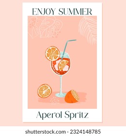 Aperol Spritz Cocktail. Glass with drink, ice and orange slices. Poster wit Summer Italian aperitif. Vector illustration with alcoholic beverage decorated with tropical plants on background. 