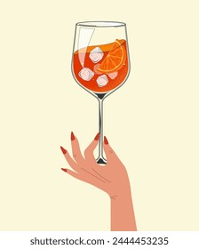 Aperol Spritz Cocktail in glass with hand. Hand drawn alcohol drink with orange slice and ice. Retro style. Vector illustration