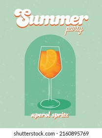 Aperol Spritz Cocktail in glass with ice and slice of orange. Classic summer Italian aperitif recipe square card. Retro minimal poster with alcoholic beverage. Vector illustration.