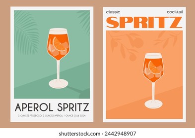 Aperol Spritz Cocktail in glass with ice and orange slice. Summer Italian aperitif retro poster set. Wall art with alcoholic beverage garnished with orange wedge and citrus tree on background. Vector.