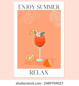 Aperol Spritz Cocktail. Glass of Summer fruit drink with orange slice, flower and mint. Refreshing lemonade. Hand drawn flat style colorful trendy vector illustration.