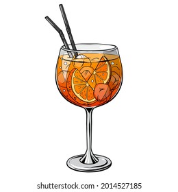 Aperol spritz cocktail, hand drawn alcohol drink with orange slice and ice. Vector illustration