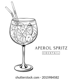 Cóctel Aperol Spritz, bebida alcohólica a mano con trozo de naranja y hielo. Ilustración del vector