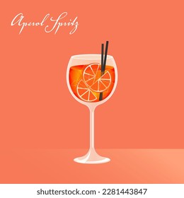 Aperol spritz cocktail in high glass. Vector illustration of alcoholic drink with oranges and ice cubes. Summer cocktail aperitif.