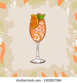 Aperol Spritz cocktail illustration. Alcoholic classic bar drink hand drawn vector. Pop art