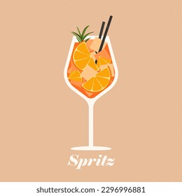 Aperol spritz cocktail on the beige background. Vector illustration of trendy alcohol drink. Summer cocktail aperitif with oranges and ice cubes