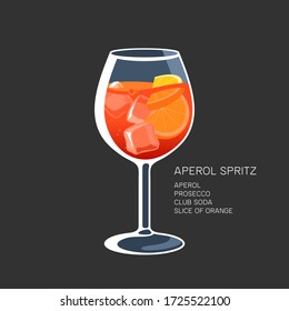 Aperol Spritz Cocktail On A Black Background. Aperol, Prosecco, Soda And Orange Cocktail With Ice Vector Illustration