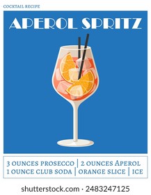 Aperol Spritz Cocktail auf dem blauen Hintergrund. Vektorillustration von trendigem Alkoholgetränk. Sommer-Cocktailplakat