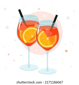 Aperol spritz cocktail on a white background. Two wineglasses in flat style. Vector illustration.