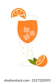 Aperol-Spritz-Cocktail mit orangefarbenem Slice und halber Frucht. Alkoholarmes Getränk mit Eiswürfeln und Schaumwasser. Sommerfrischer Aperitif. Vektorgrafik.