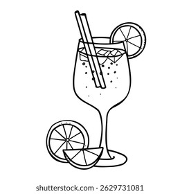Aperol Spritz Cocktail with orange slice composition. Hand drawn Vector illustration of alcohol drink with ice in Doodle style. For cocktail bar menu, logo or drink summer party Invitations.