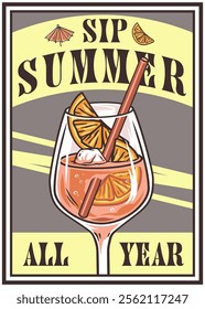 Aperol spritz cocktail poster featuring a glass filled with refreshing orange colored drink, garnished with orange slices, ice cubes, and a straw, inviting viewers to enjoy summer flavors year round